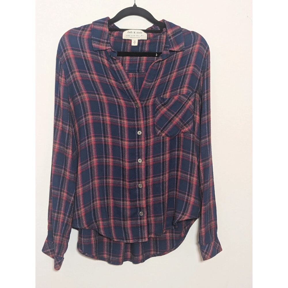 Cloth & Stone for Anthropologie Plaid Rayon Button Front Blouse XS